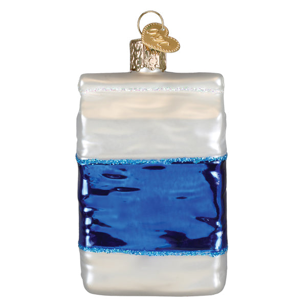 Blue and white glass bag of flour ornament with gold heart tag perfect as figural decor or lighted decor