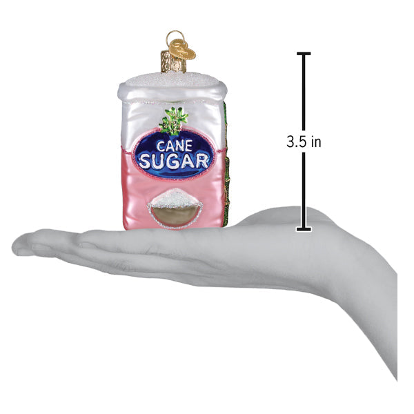 Pink and white glass cane sugar container ornament with gold top and label perfect for figural decor or lighted decor