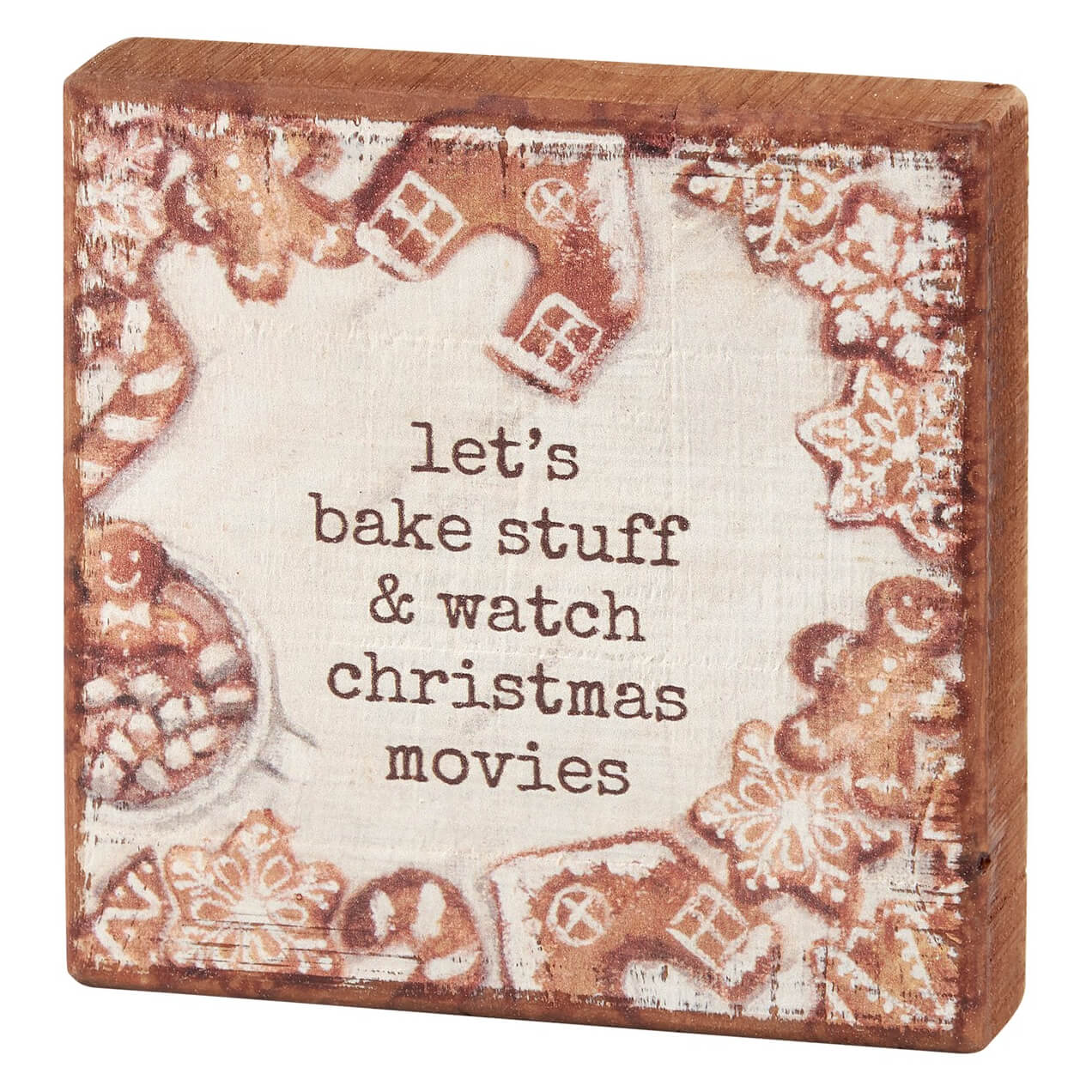 Rustic wooden bake stuff block sign by michele kixmiller design with gingerbread house art and festive text in white and brown