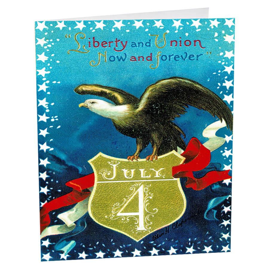 Patriotic greeting card featuring an eagle and July 4th shield design.