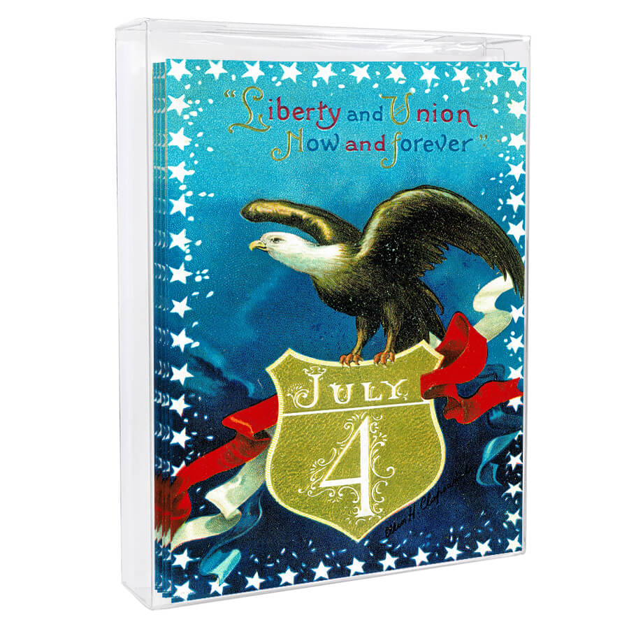 Patriotic illustration featuring an eagle perched on a July 4th shield with stars and ribbons.