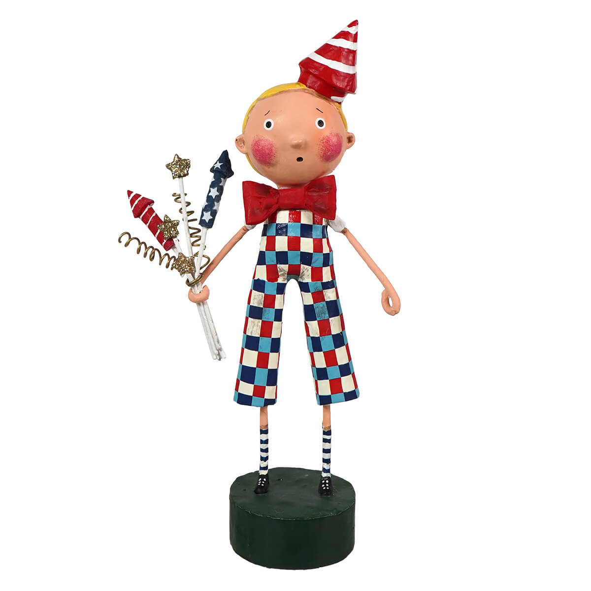 A whimsical lori mitchell bang bang billie figurine in red white and blue checkered overalls with a striped hat and bow tie
