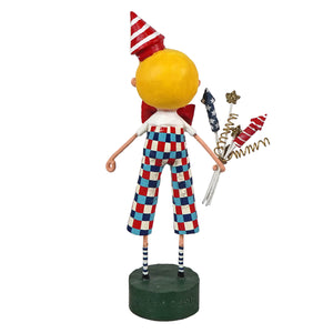 A lori mitchell whimsical figurine of bang bang bille child with yellow head in patriotic checkered overalls and party hat