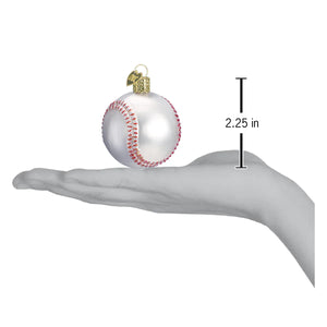 A glossy white glass baseball ornament with red stitching and gold cap measuring 2.25 inches figural decor