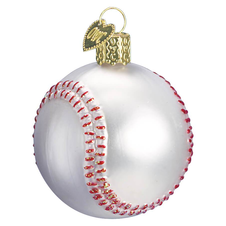 White glass baseball ornament with red stitching and a gold heart tag perfect figural decor with glass and glitter
