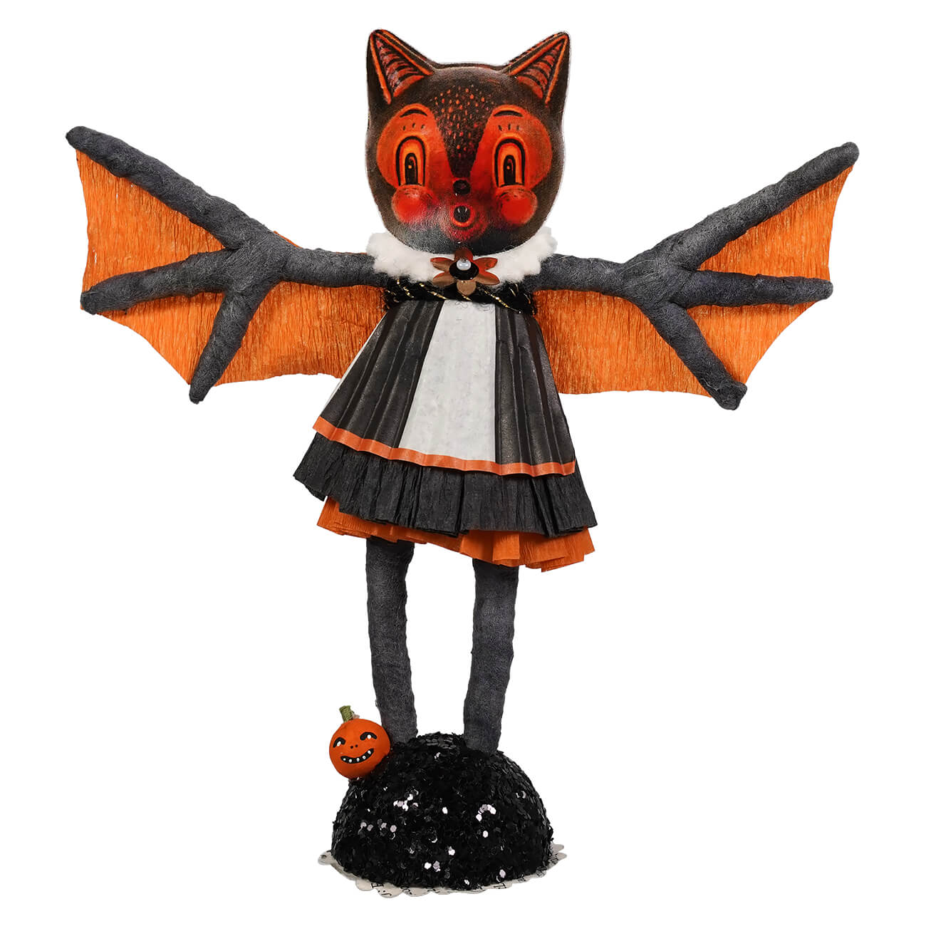Bat girl figure cat girl with bat wings in black orange dress standing on sequined base beside small pumpkin