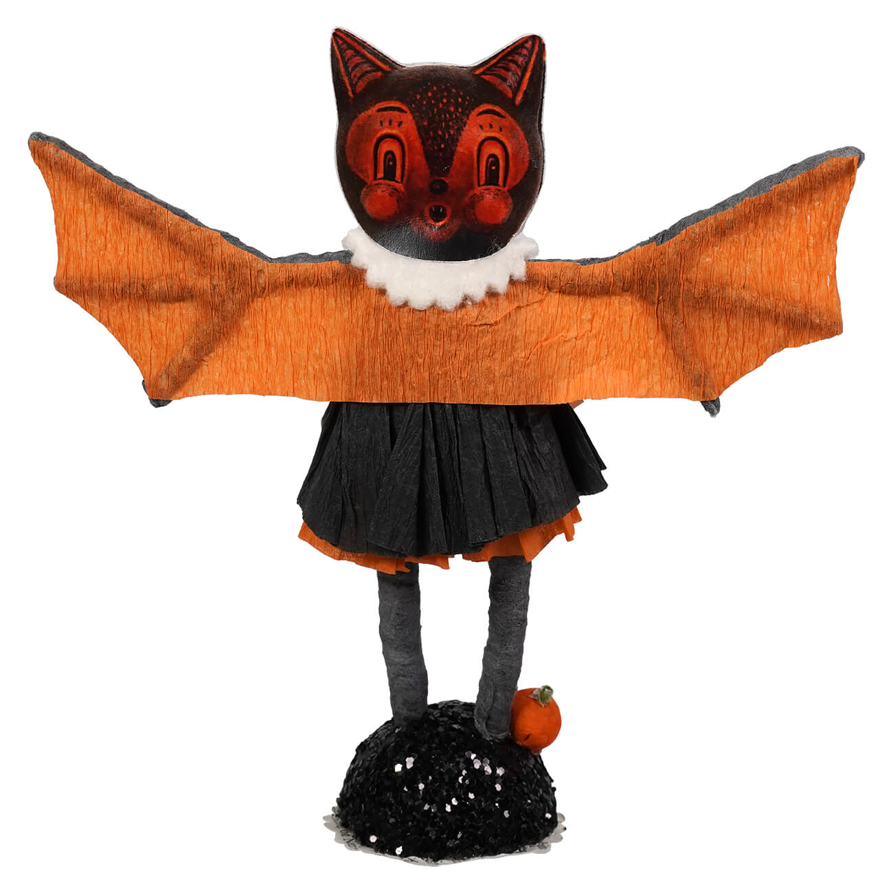 Bat girl figure with fox face red eyes wearing orange bat wing cape and black skirt on glittery base with pumpkin cat girl inspired