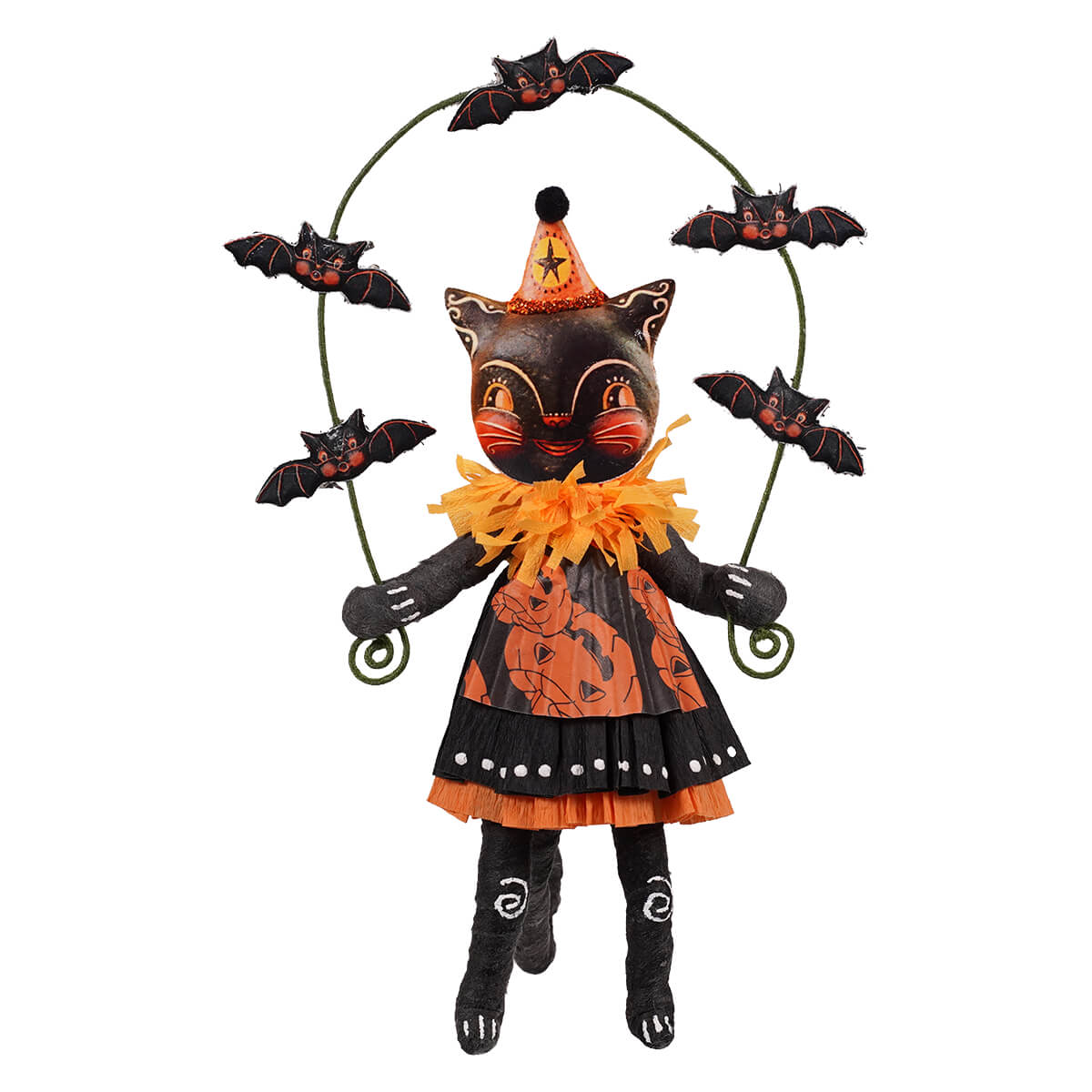 Black cat girl figurine with orange accents in a festive halloween outfit bat juggling on a hoop in partnership with johanna parker