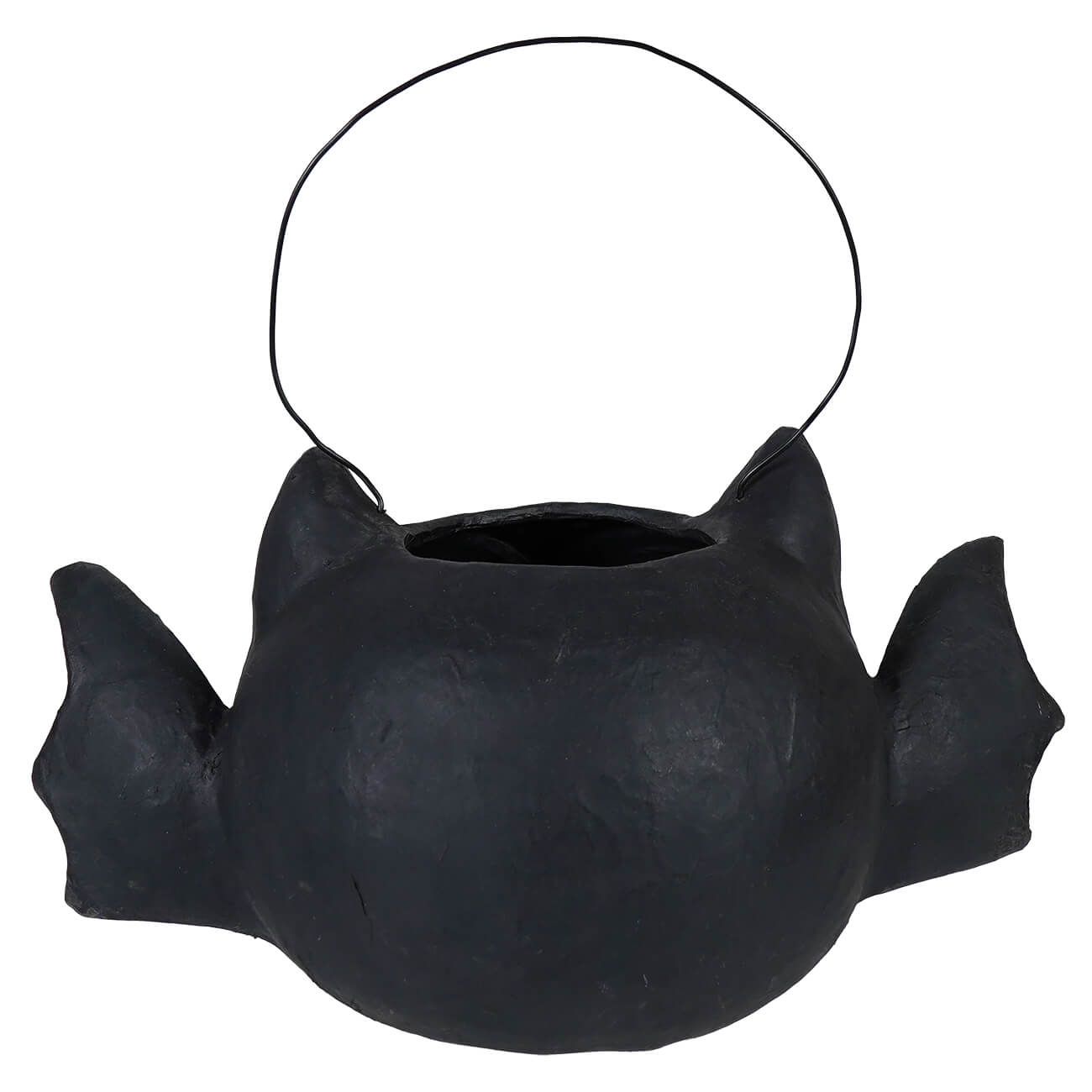 Black bat-shaped halloween bucket with wire handle for candy called batty barnum bucket perfect for halloween buckets