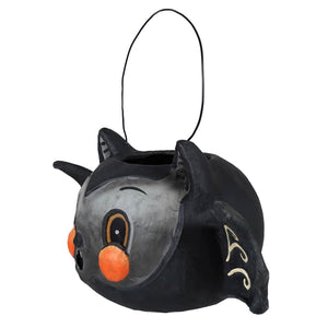 Black bat-shaped halloween bucket with gray face, orange nose and eyes, and white swirls batty barnum bucket