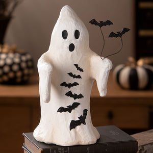 White ghost figurine batty boo paper mache with black glitter bats surprised face halloween ghost figures decor