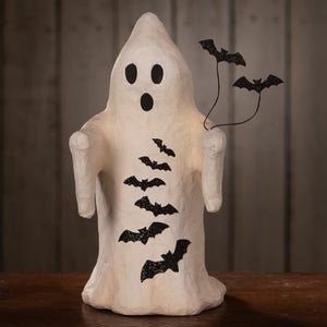 Batty boo halloween ghost figure decor in white paper mache with black glitter bats on body and shoulders