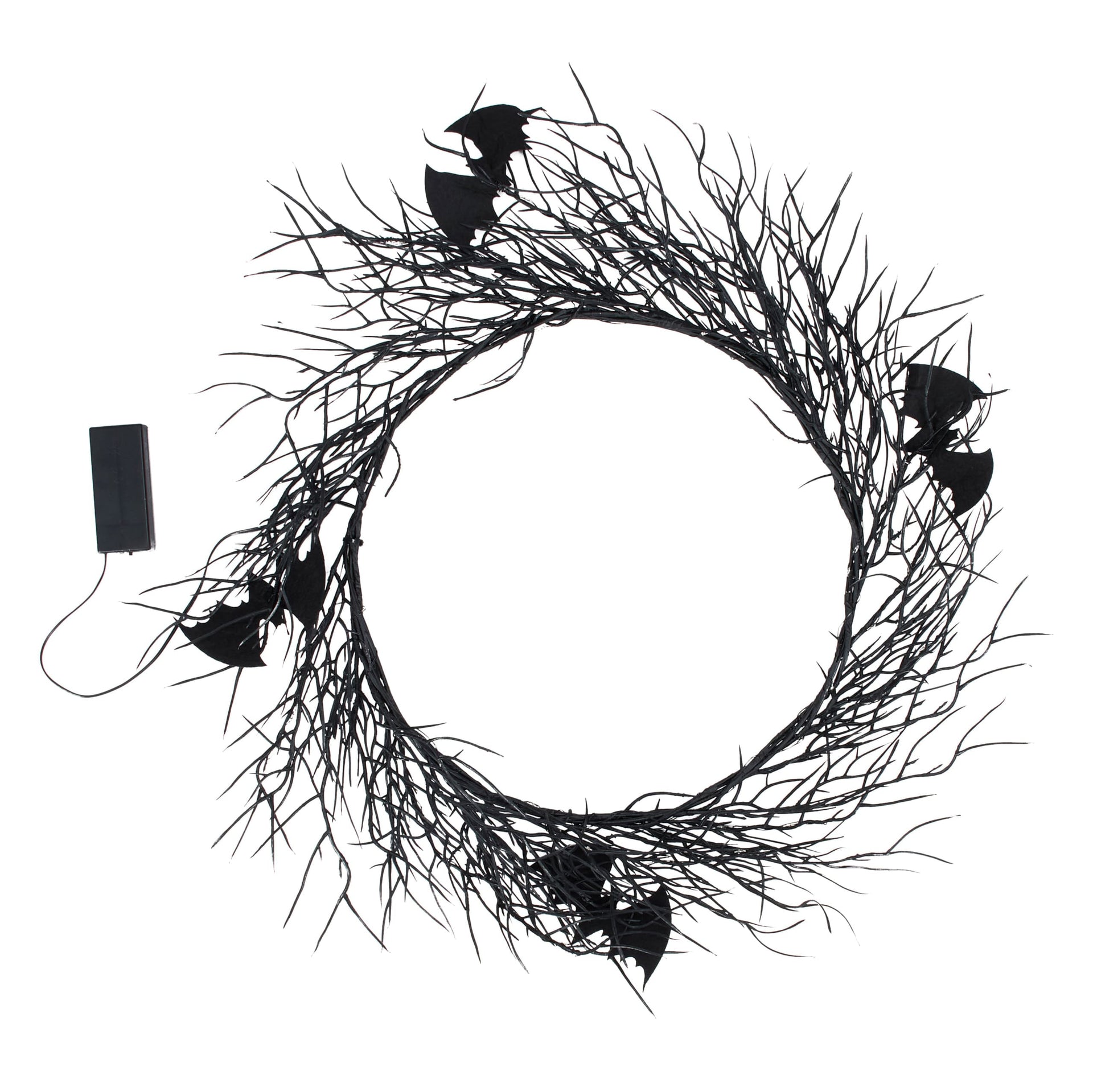 Black halloween batty lighted wreath made of twisted branches with bat cutouts perfect for spring hanging decor