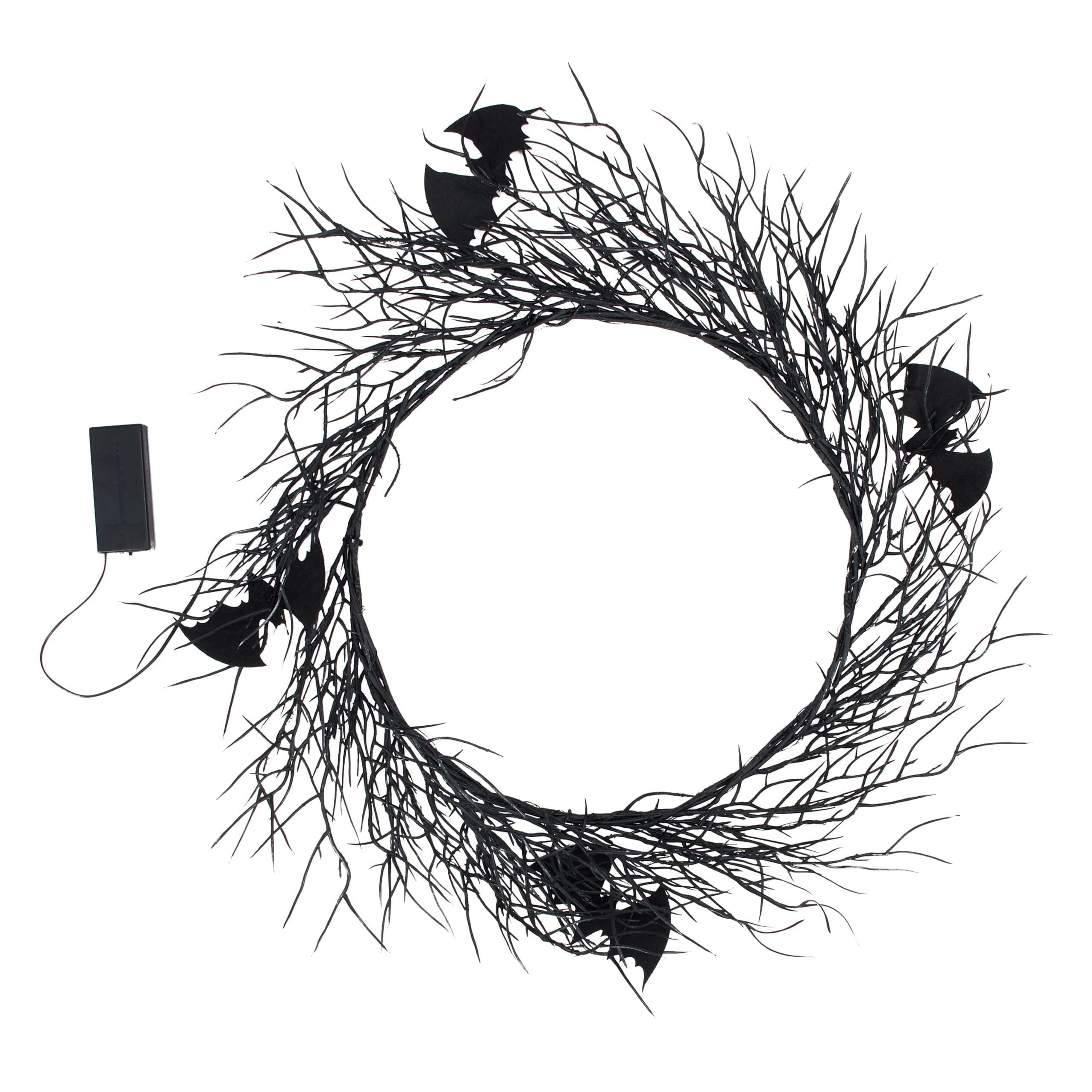 Black halloween batty lighted wreath made of twisted branches with bat cutouts perfect for spring hanging decor