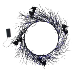 Black halloween batty lighted wreath with glowing purple lights perfect for vintage easter spring wall decor