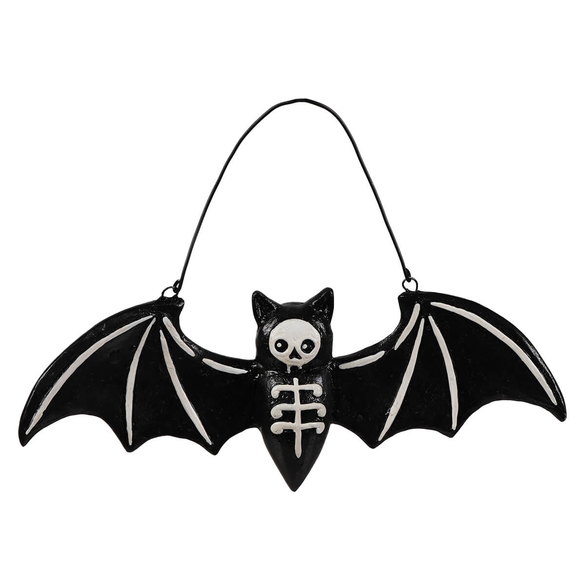 Black batty skeleton ornament with white skeletal details and skull face by Bethany Lowe halloween ornaments