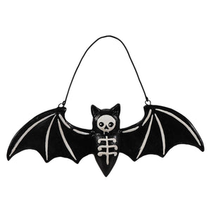 Black batty skeleton ornament with white skeletal details and skull face by Bethany Lowe halloween ornaments