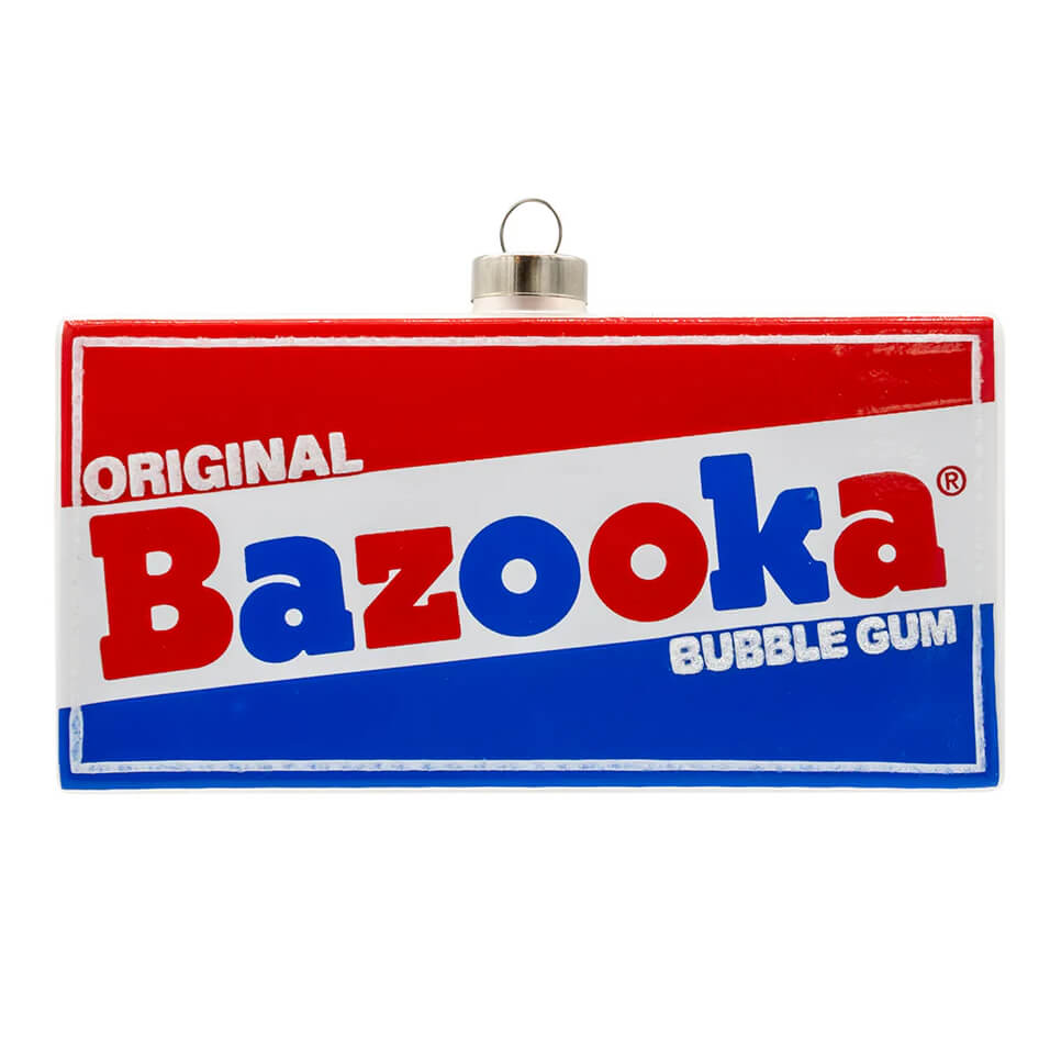 Bazooka bubble gum box ornament shaped like a classic red and blue bubble gum box perfect for holiday decor