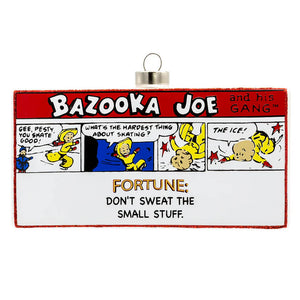 Red and white glitter-edged bazooka bubble gum box ornament with comic strip and fortune message dont sweat the small stuff