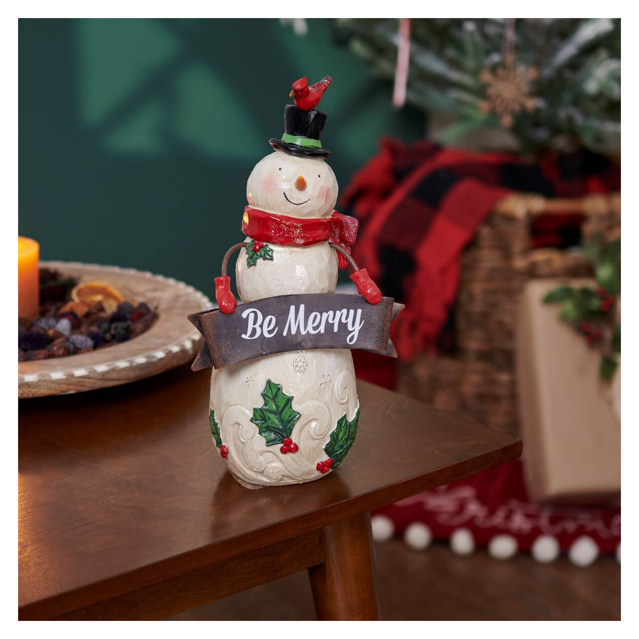 Be merry jolly snowman figurine white ceramic snowmen figurine with red scarf black top hat and green holly leaves