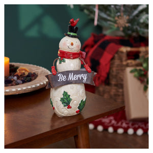 Be merry jolly snowman figurine white ceramic snowmen figurine with red scarf black top hat and green holly leaves