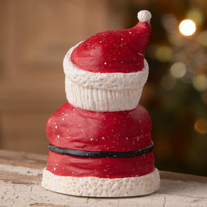 Be merry santa hat ornament with red white colors black belt and glittery snowflake finish from bethany lowe designs folk art santas