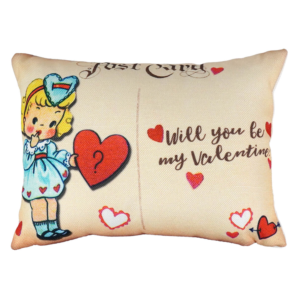 Beige be my valentine pillow with vintage girl illustration on sturdy fabric and concealed zipper spreading holiday cheer