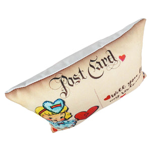 Be my valentine pillow with beige sturdy fabric, concealed zipper, embroidered cartoon girl holding red hearts spreading holiday cheer