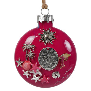 Vibrant fuchsia glass ornament with silver and pink beach blessing charms including sun dolphins and seashells