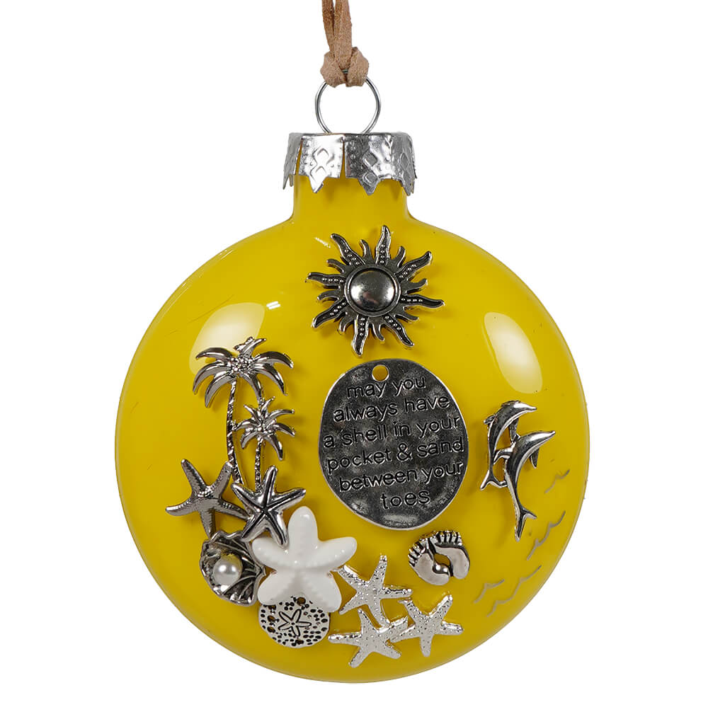 Bright yellow glass ornament beach blessing glass with silver white sea charms including sun and dolphins