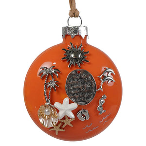 Orange glass beach blessing sentiment ornament with silver and gold sun palm tree starfish dolphin charms