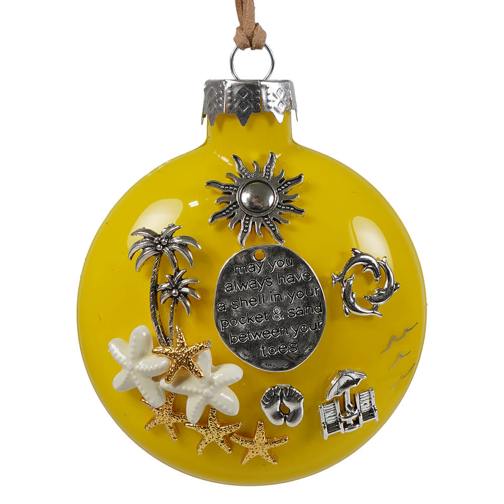 Bright yellow glass beach blessing ornament with silver gold charms sun dolphins palms and engraved medallion design