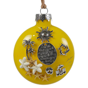 Bright yellow glass beach blessing ornament with silver gold charms sun dolphins palms and engraved medallion design