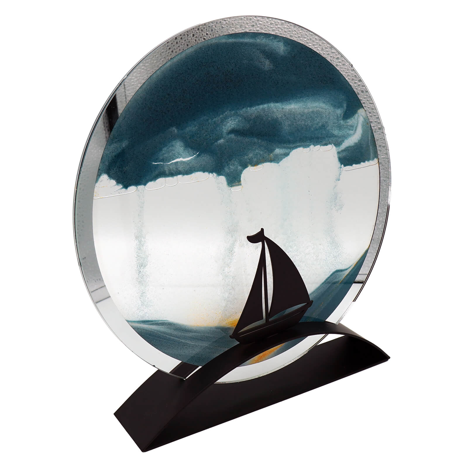 Beachcombers 10.5 inch sailboat round glass ocean-blue flowing sand art with silver frame on black metal stand fits figural decor