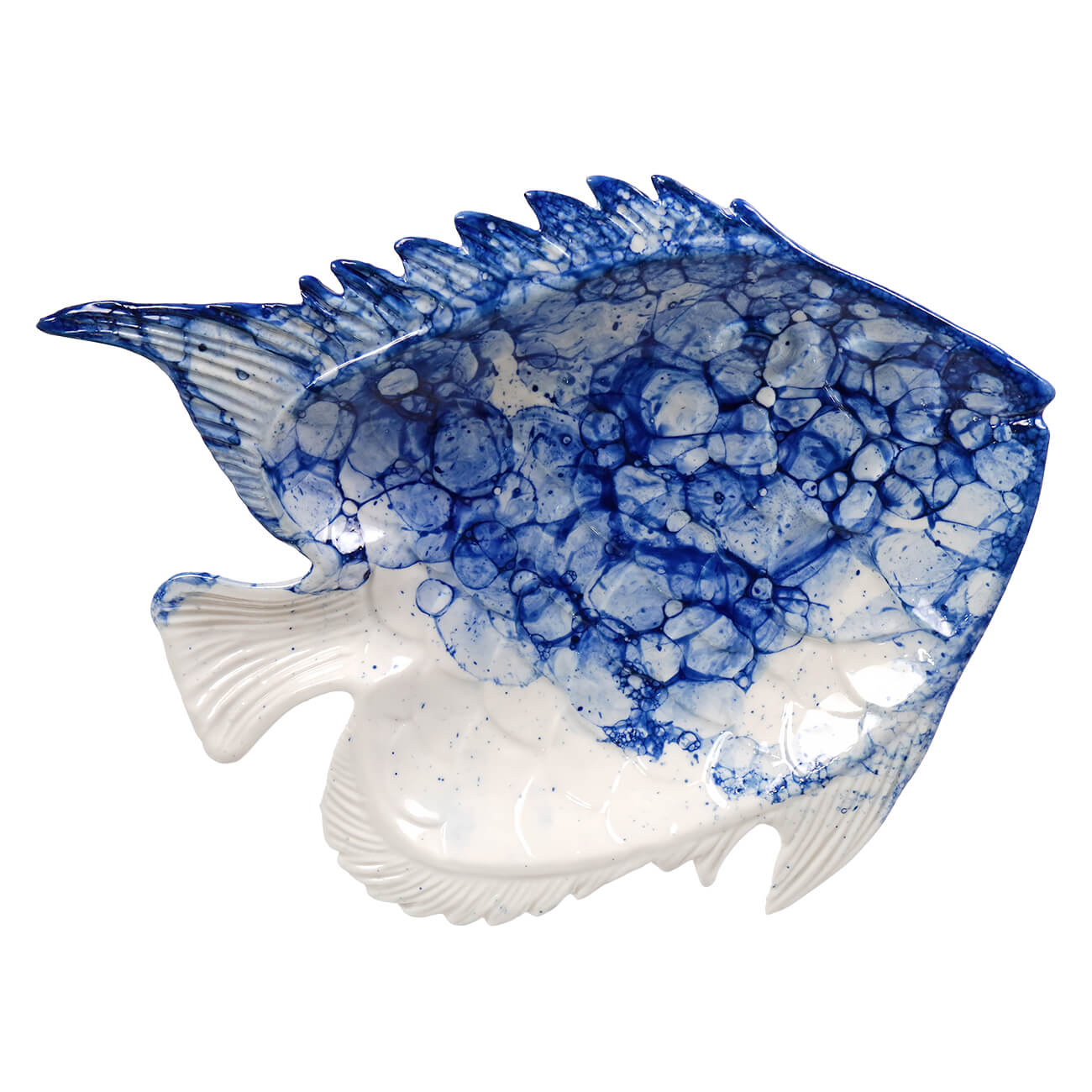 Beachcombers 8.25 ocean-blue glazed ceramic fish plate with glossy blue white marbled pattern perfect for figural decor