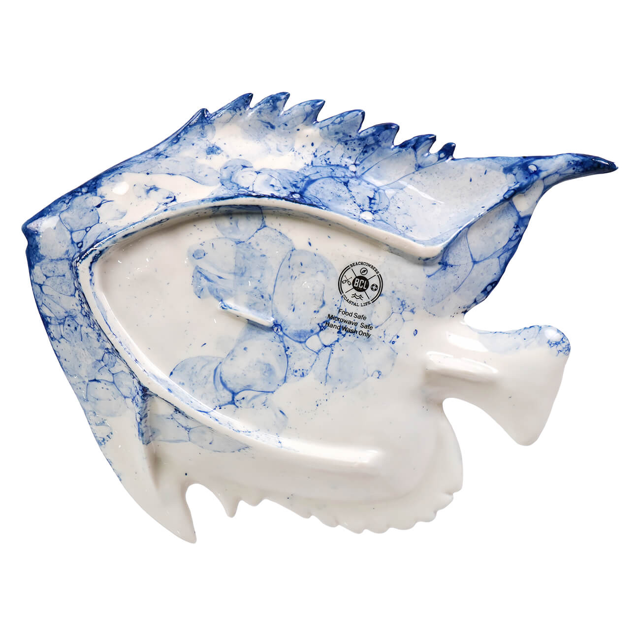 White ceramic fish plate with blue marbled scalloped edge perfect for figural decor or bunny servers set by johanna parker