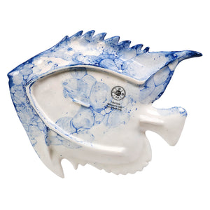 White ceramic fish plate with blue marbled scalloped edge perfect for figural decor or bunny servers set by johanna parker