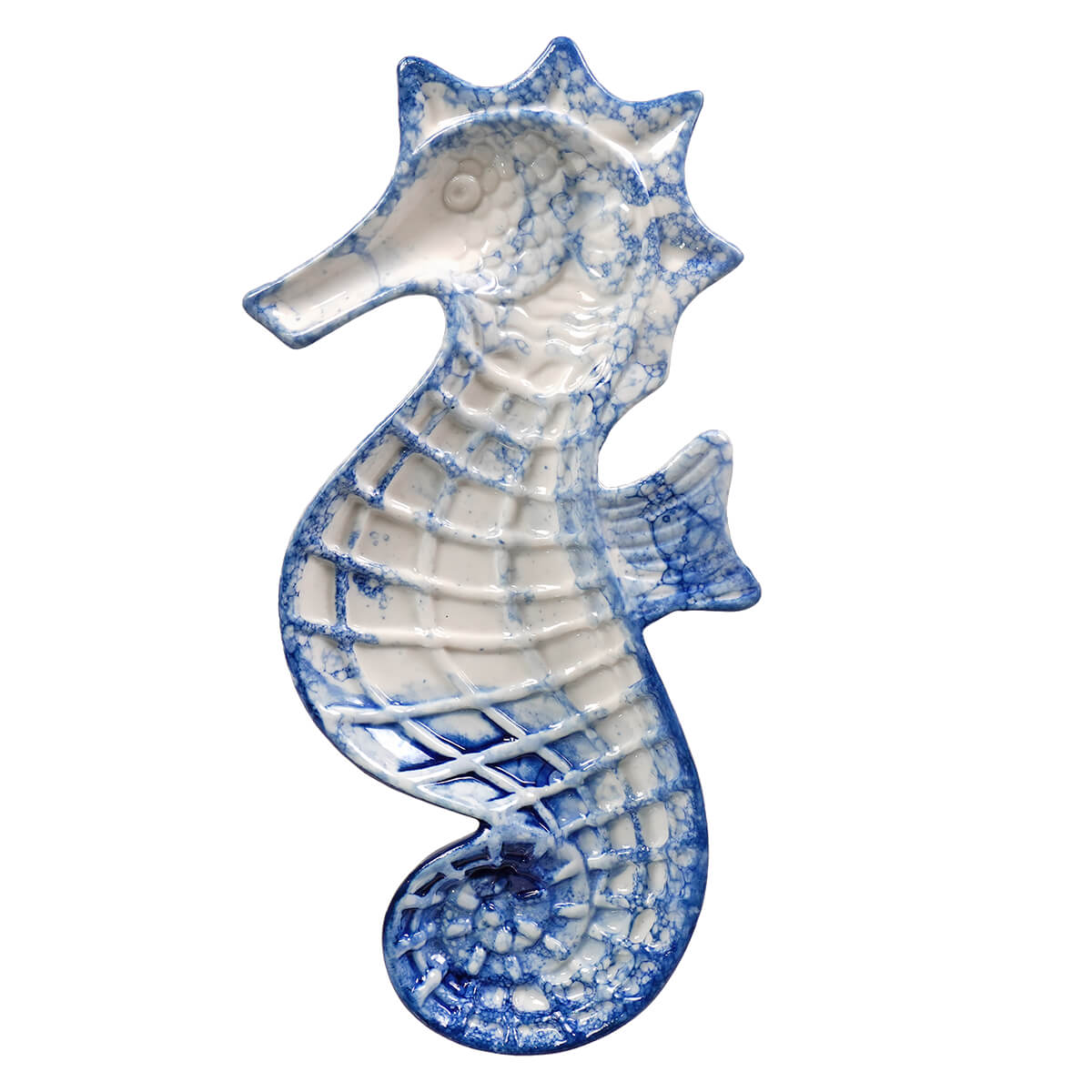 Blue and white ceramic seahorse plate with crackled glaze from johanna parker figural decor and bunny servers set