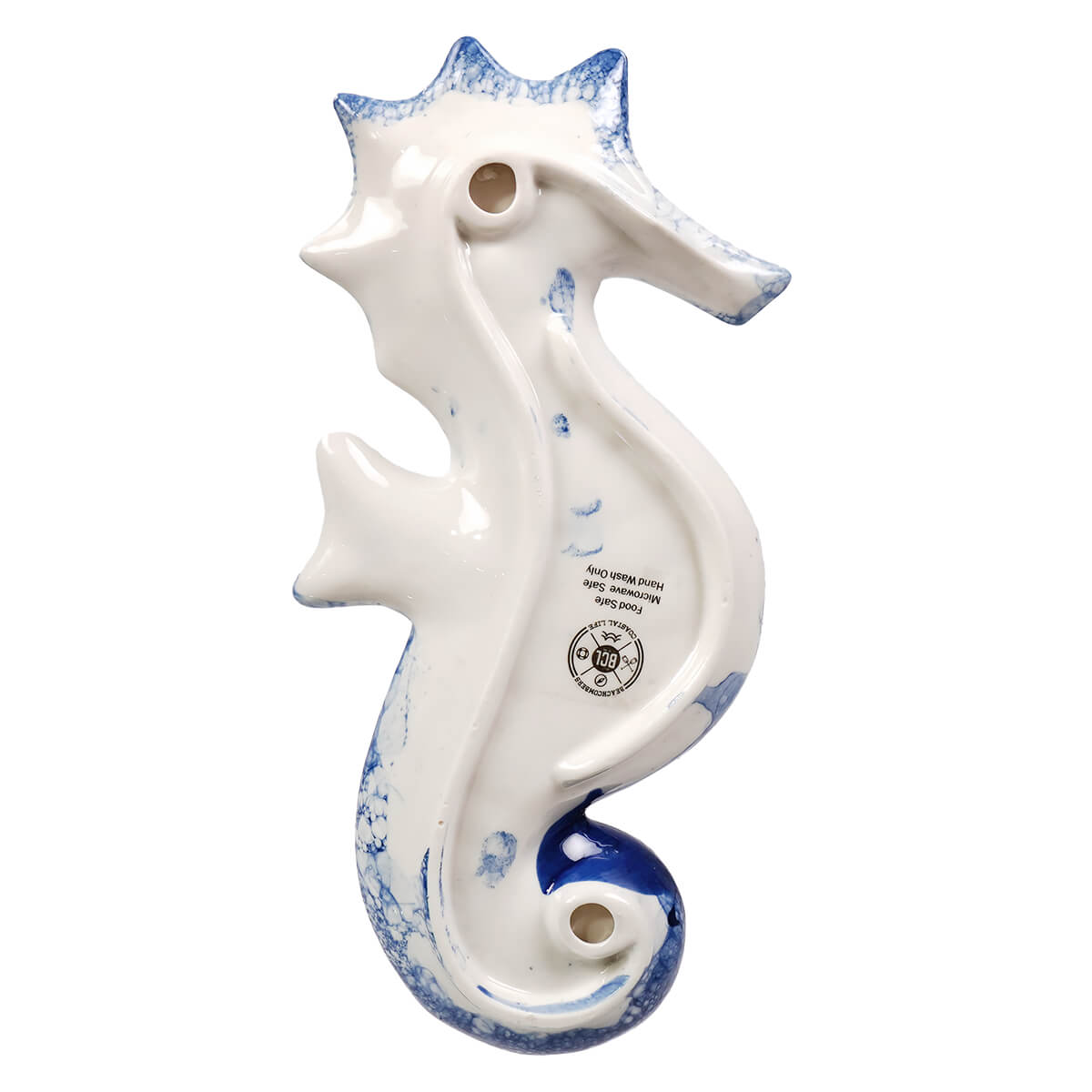 Beachcombers 8.5 inch ocean-blue glazed ceramic seahorse plate with white ceramic and blue accents for figural decor
