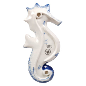Beachcombers 8.5 inch ocean-blue glazed ceramic seahorse plate with white ceramic and blue accents for figural decor