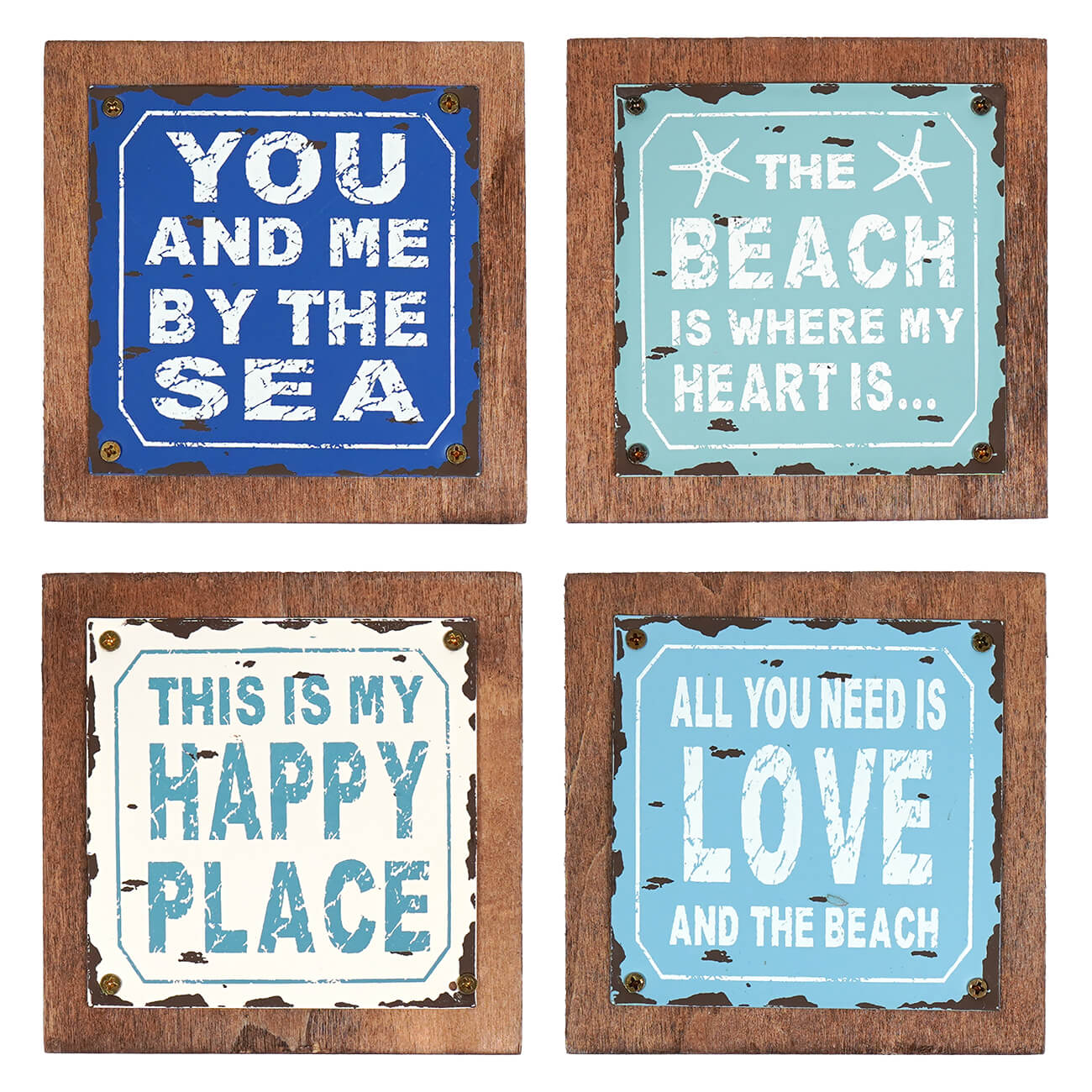 Set of four rustic wooden framed beach signs with distressed blue teal and white metal plaques perfect for figural decor