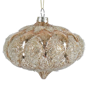 Ornate beaded gold mercury glass onion hobnail Christmas ornament with intricate detailing and shiny finish