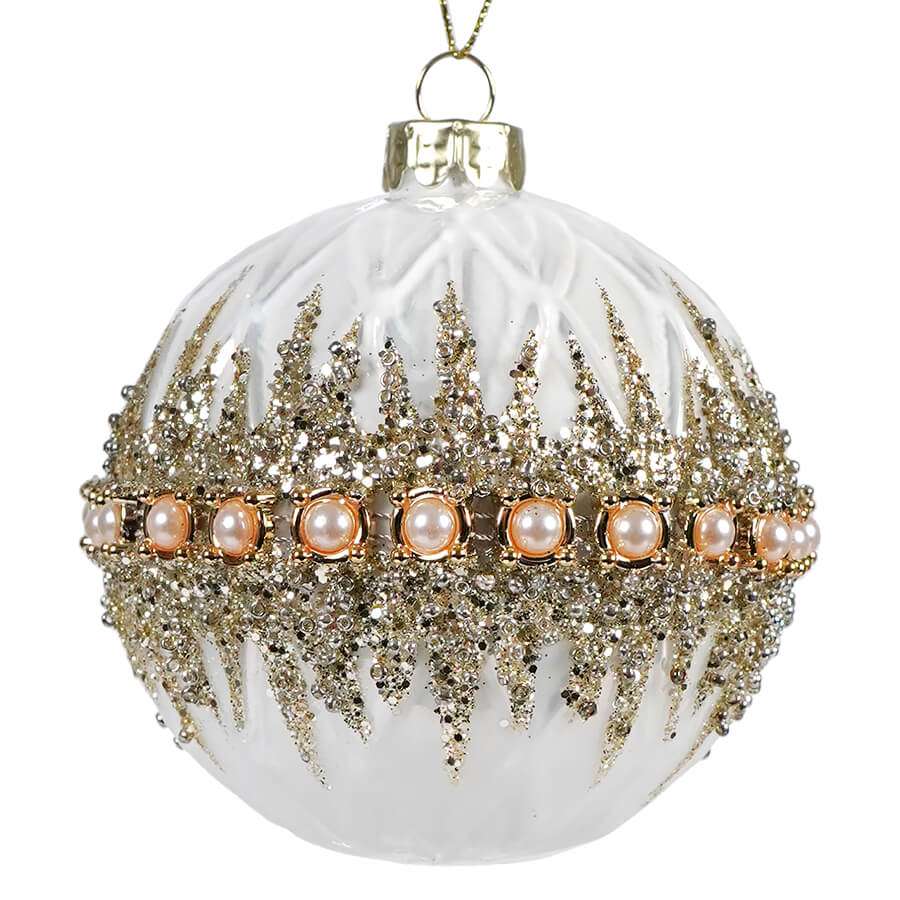 Beaded Ivory & Gold Pearl Glass Ball Ornament - Ornaments