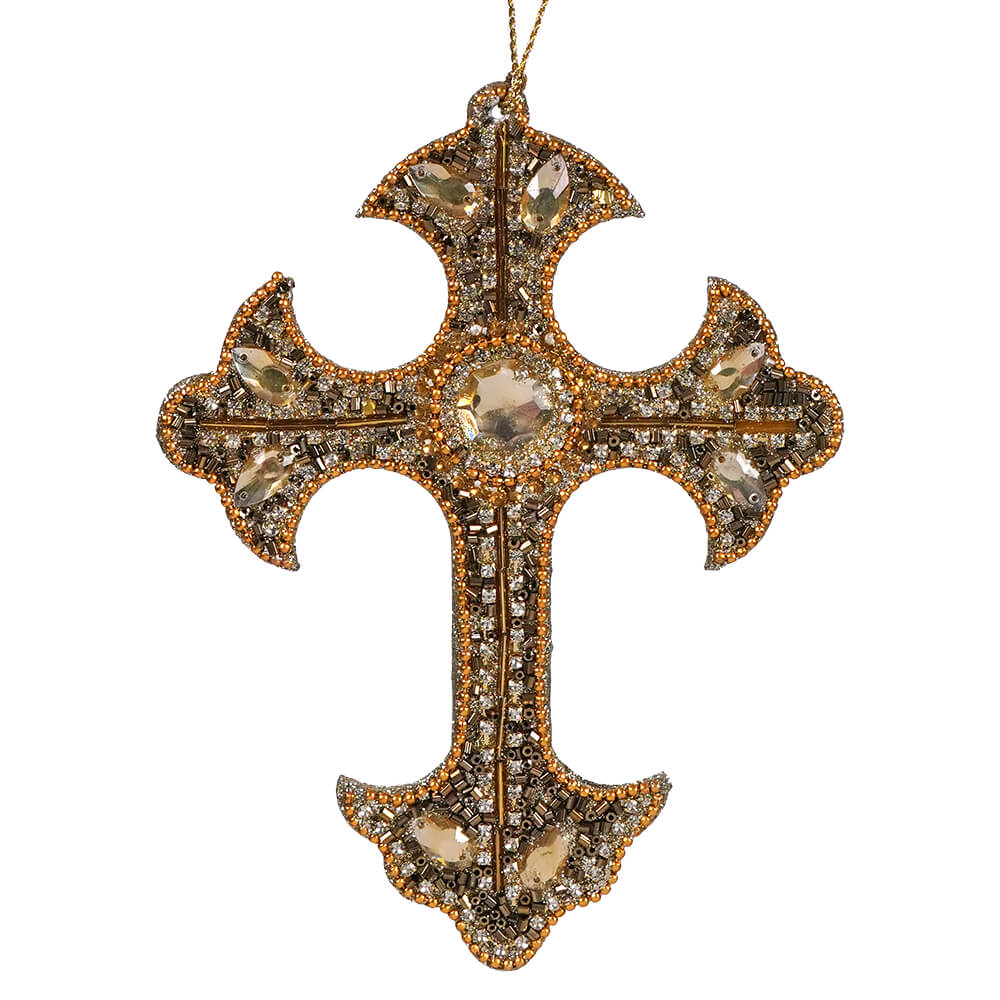 Beaded & Jeweled Gold Cross Ornament - Ornaments