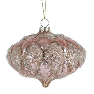 Beaded pink mercury glass onion ornament with pink and silver glittery finish perfect for family owned christmas decor
