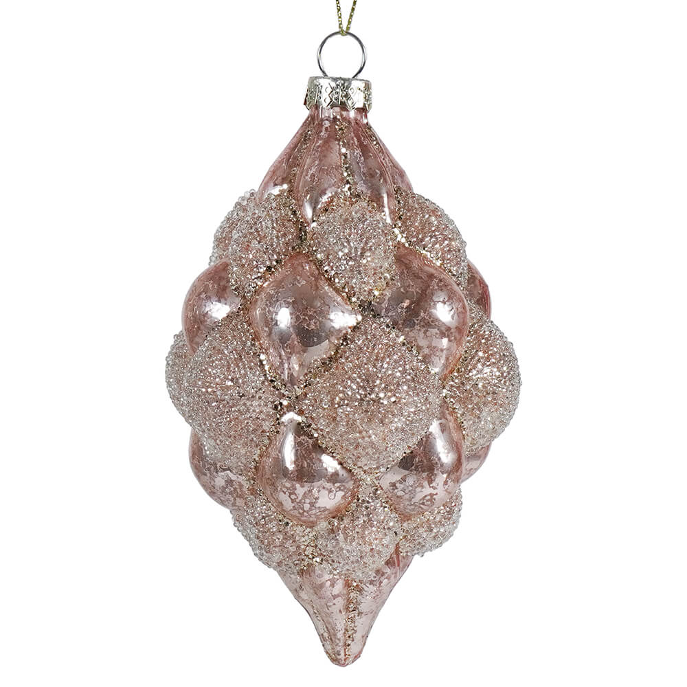 Beaded pink mercury glass teardrop hobnail ornament in glittery pink perfect for festive holiday decor