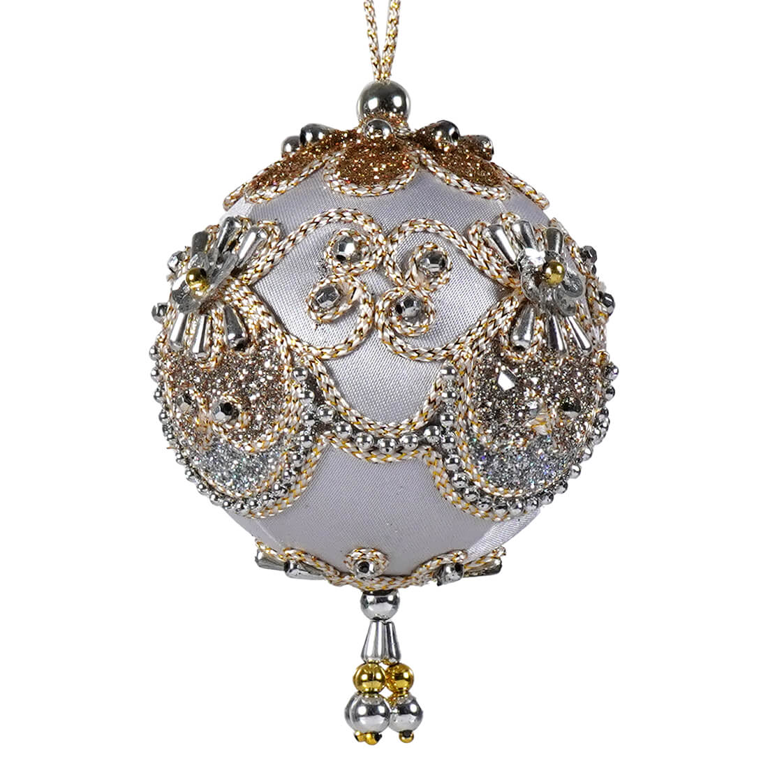 Ornate kurt adler ornament featuring white gold and silver beaded details on a taupe ball ornament for christmas decor