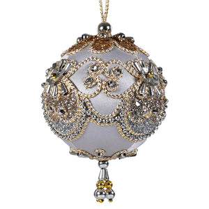 Ornate kurt adler ornament featuring white gold and silver beaded details on a taupe ball ornament for christmas decor