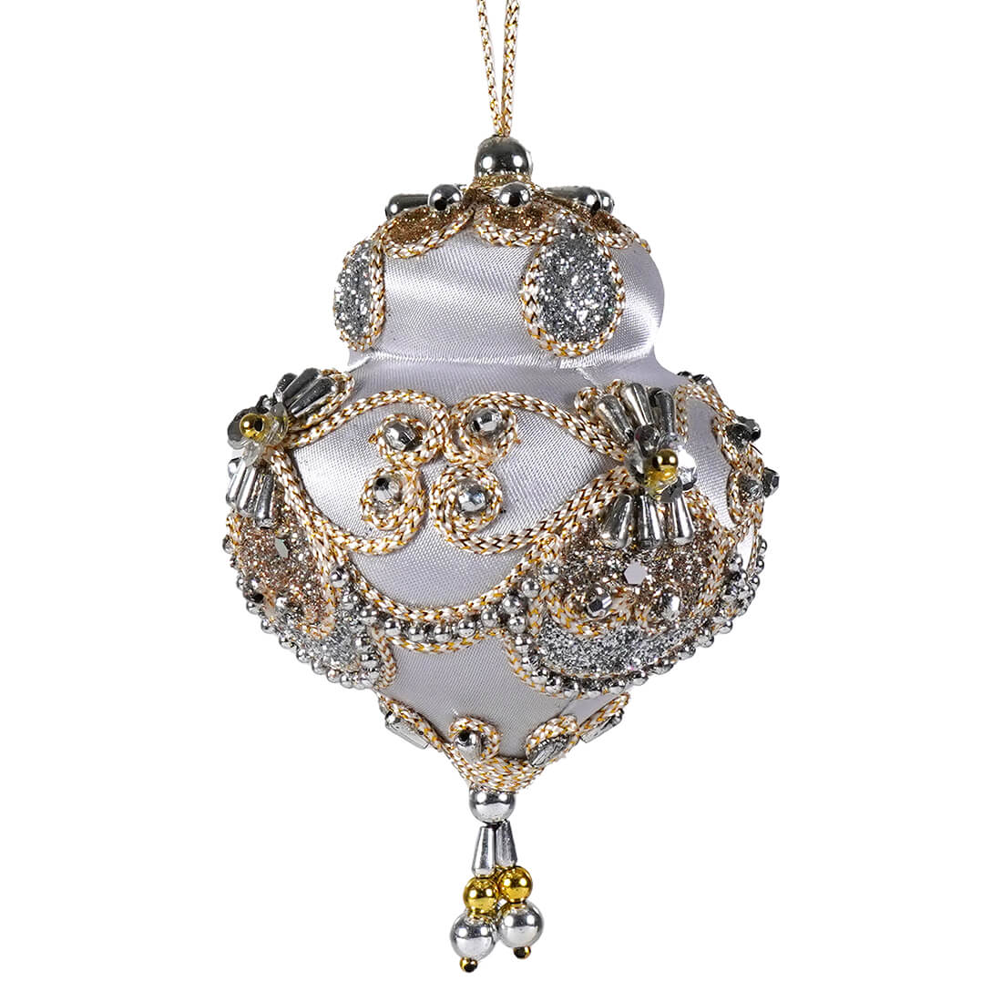 Ornate white and gold kurt adler dome ornament with beaded taupe gold and silver details for christmas decor