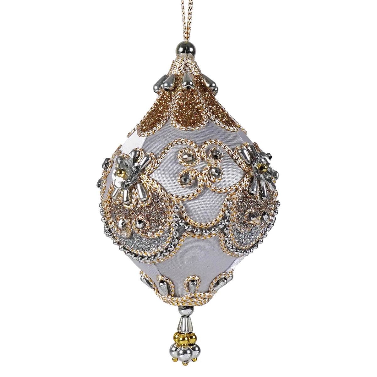 Ornate teardrop-shaped beaded taupe gold and silver finial ornament perfect for christmas decor